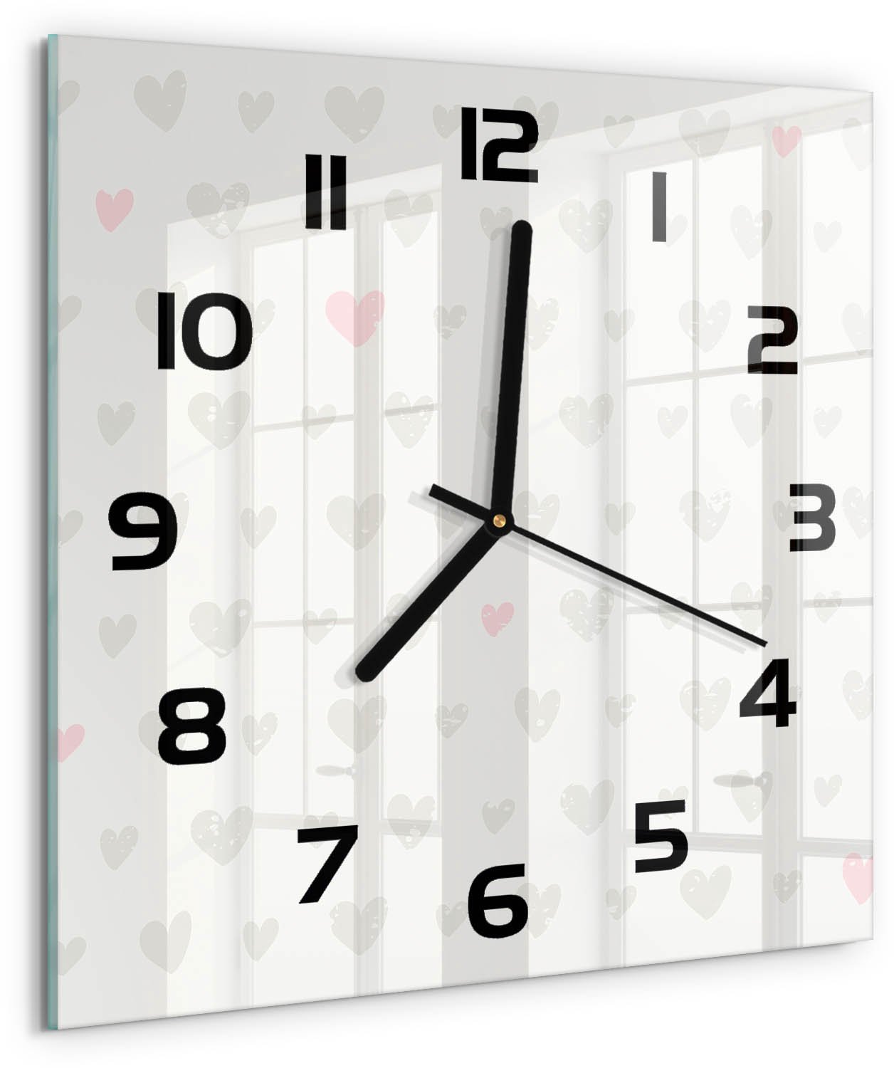 TULUP Wandklok - Hartachtergrond Wandklok Glas Decoratie - 30x30 cm - Grijs Gekleurde Glazen Klok - Zwarte handen - Vierkante Klok - Klok Glas Met Opdruk - Moderne Wandklok Glas