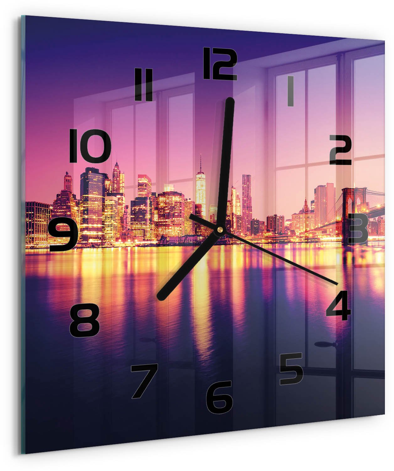 Tulup Wandklok - Manhattan, New York Decoratieve Glazen Klok - 30x30 cm - Paars Glazen Wandklok Design - Zwarte handen - Vierkante Klok - Glazen Klok Met Print - Wandklok Glas Met Motief