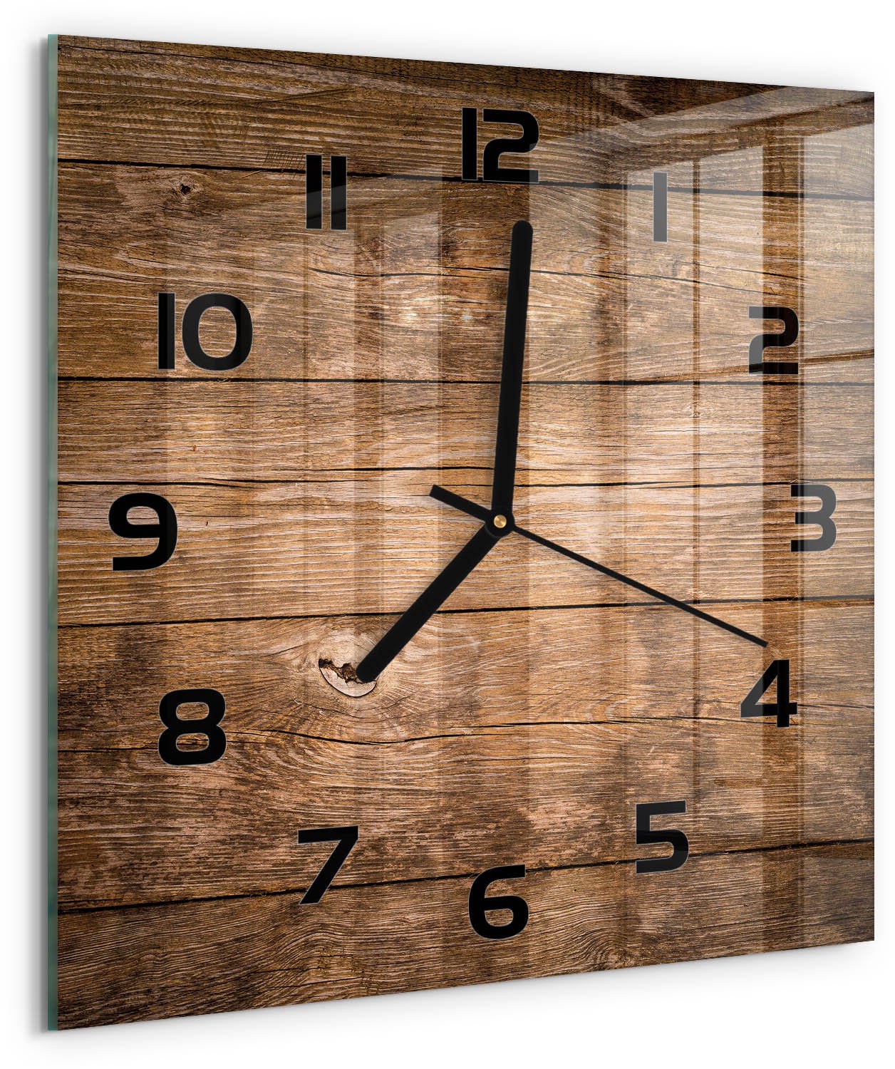 TULUP Wandklok - Houten achtergrond Gekleurde Glazen Klok - 30x30 cm - Bruin Glazen Klok Met Print - Zwarte handen - Vierkante Klok - Moderne Wandklok Glas - Wandklok Glas Decoratie