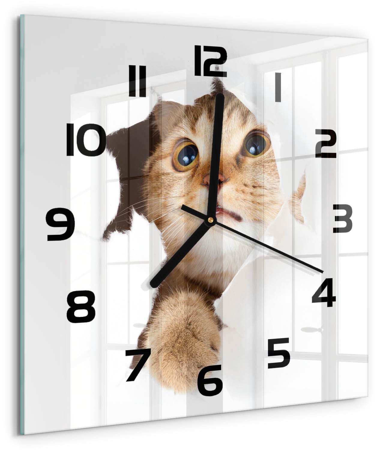 TULUP Wandklok - Kat in het gat Wandklok Glas Met Motief - 30x30 cm - Beige Decoratieve Glazen Klok - Zwarte handen - Vierkante Klok - Gekleurde Glazen Klok - Glazen Klok Met Print
