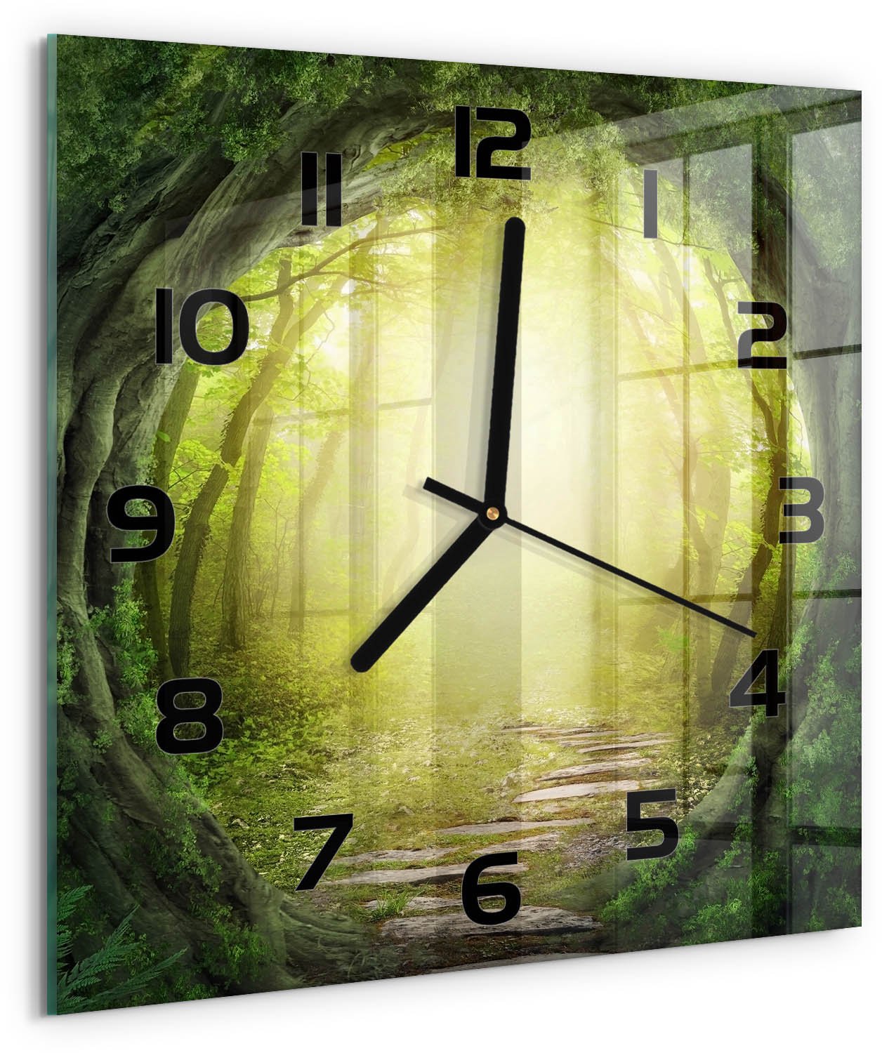 TULUP Wandklok - Boomtunnel Glazen Wandklok Design - 30x30 cm - Groente Klok Glas Met Opdruk - Zwarte handen - Vierkante Klok - Wandklok Glas Met Motief - Decoratieve Glazen Klok