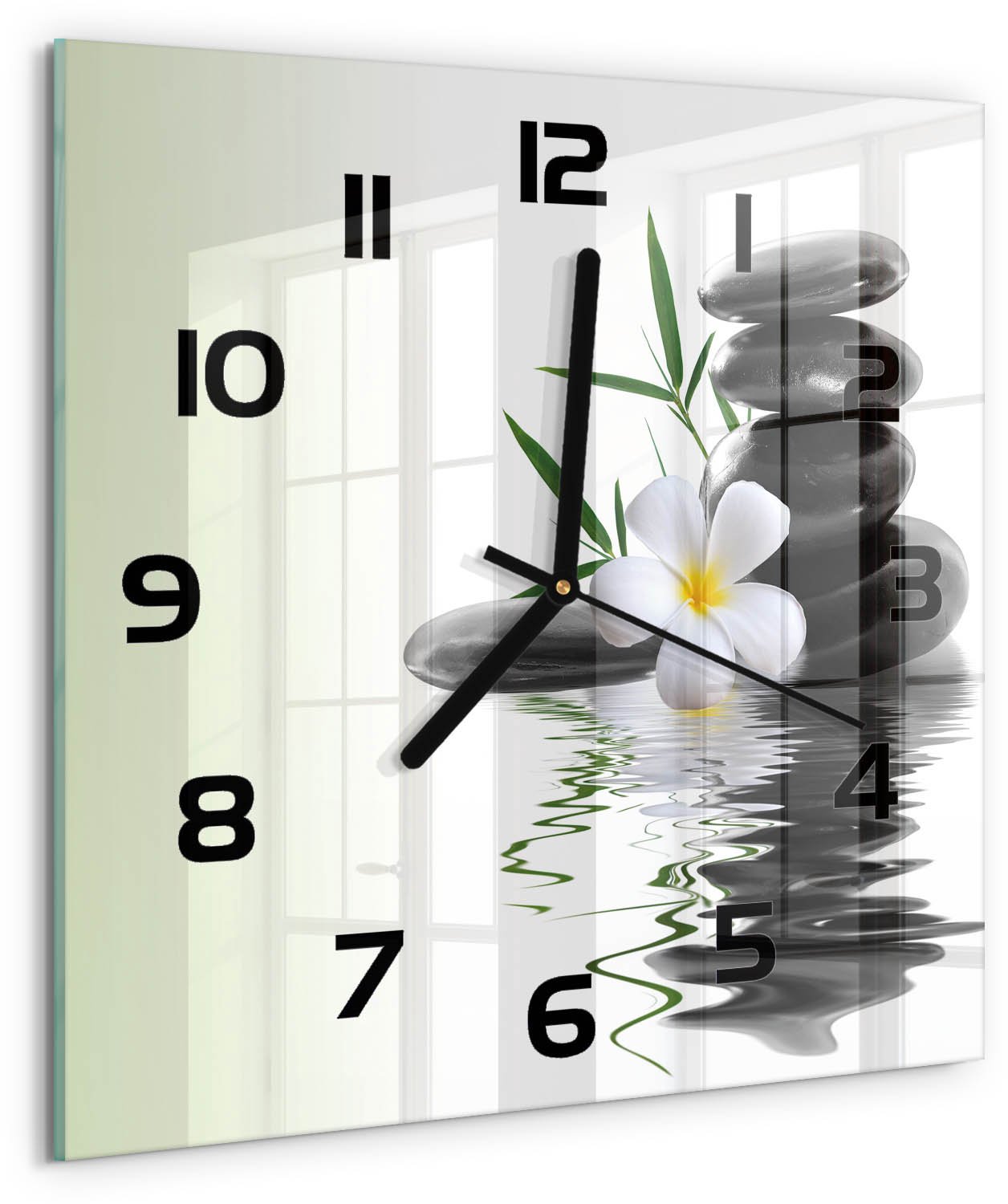TULUP Wandklok - Orchidee en stenen Wandklok Glas Met Motief - 30x30 cm - Zwart Decoratieve Glazen Klok - Zwarte handen - Vierkante Klok - Gekleurde Glazen Klok - Glazen Klok Met Print