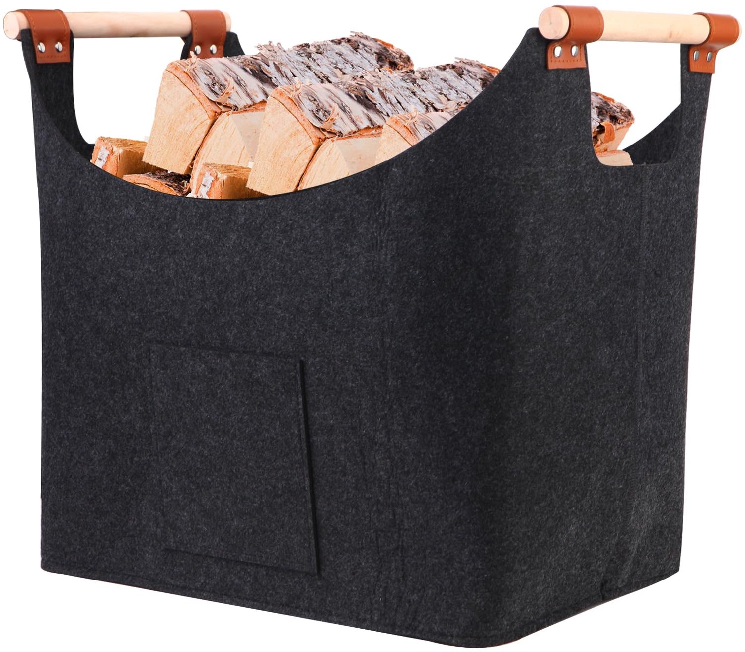 Famanu – Houten mand voor haardhout van 60 liter met handgrepen, grote brandhoutmand van extra dik vilt, ideaal voor open haard en vuur (45 x 32 x 40 cm