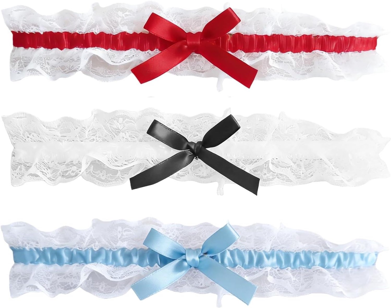 Bruidsjar - Set van 3 elastische kant garters - Blauw, rood en zwart - Perfect voor bruiloften - ShopVlot