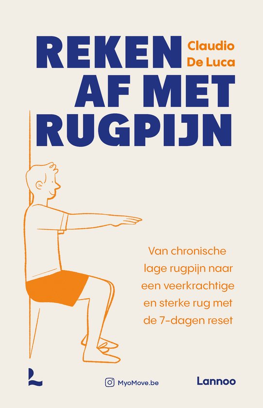 Illustratie van een man die een oefening doet, met de tekst 'Reken af met rugpijn'.