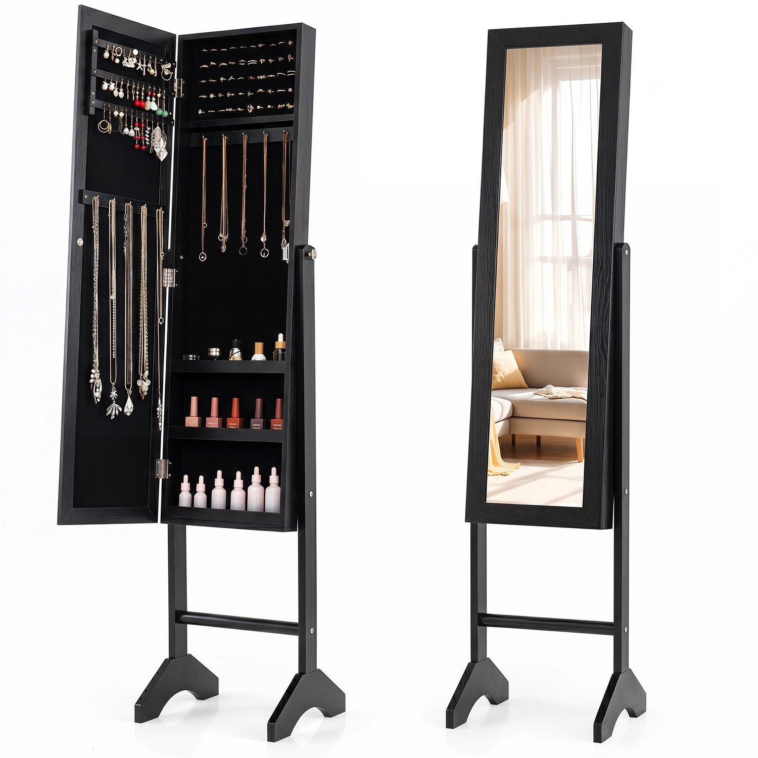 SureDeal® - Sieradenkast - Full length Spiegel - Passpiegel Zwart - 35x34x154 cm - Donkerbruin
