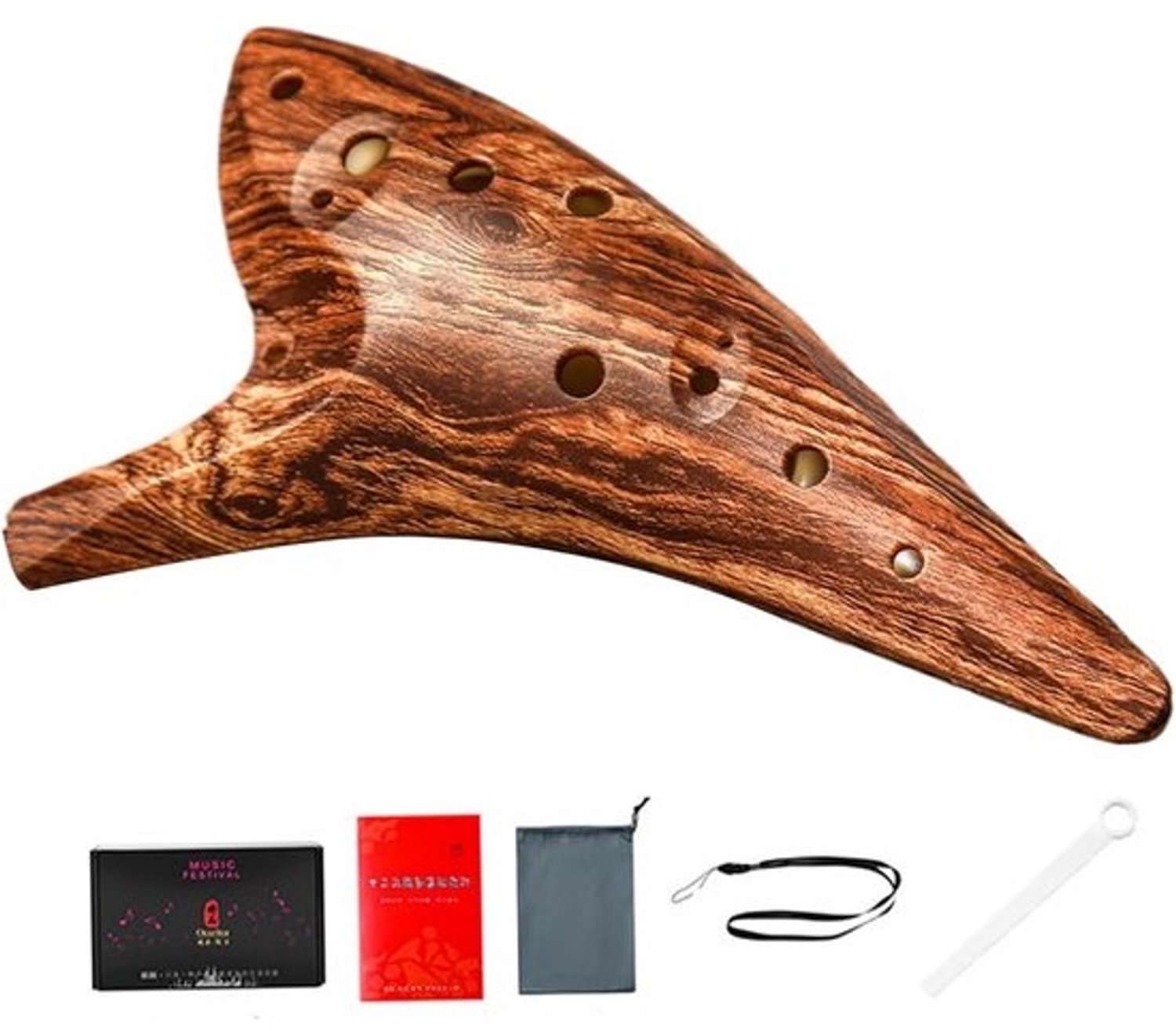 Ocarina Instrument - Muziekfluit Houtnerf - Muziek Maken - Ergonomisch Ontwerp - 12 Gaten - Houtkleur