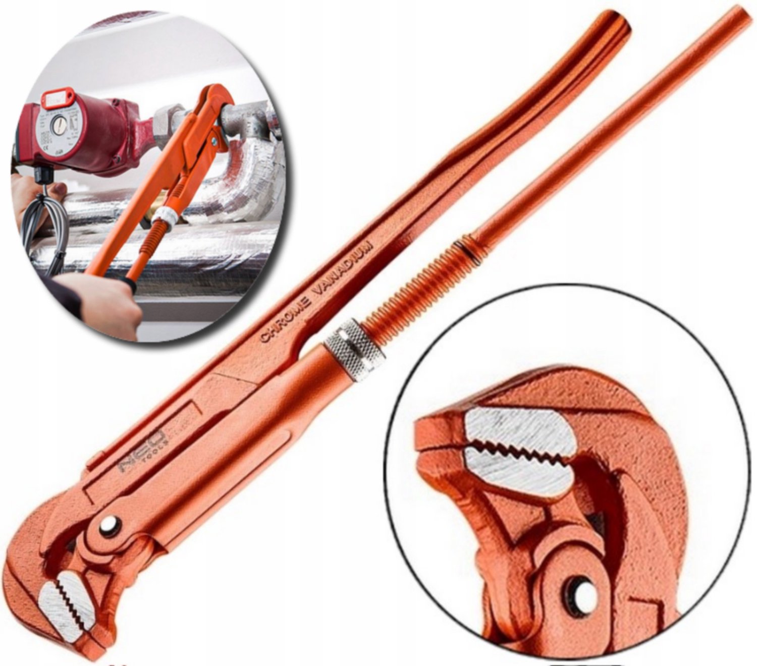 Verstelbare pijptang 320mm 1" 90° NEO CrV met gepolijste kaken