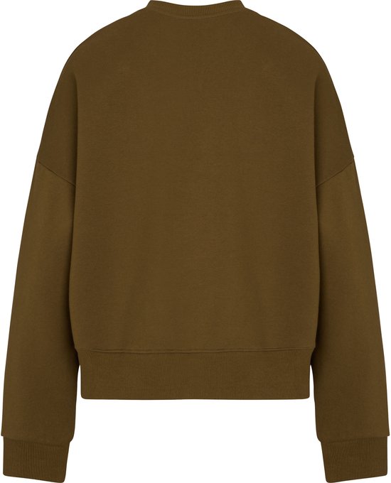 Achterkant van de olijfgroene sweatshirt met geribde boorden en een strakke afwerking.