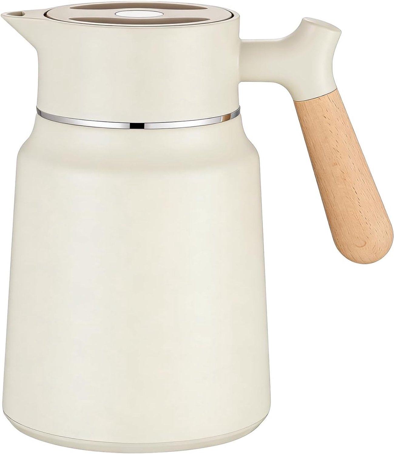 Thermoskan - Wit - 1,5 l - Roestvrijstalen Thermoskan met Houtlook Handvat - Voor Koffie, Thee en Melk