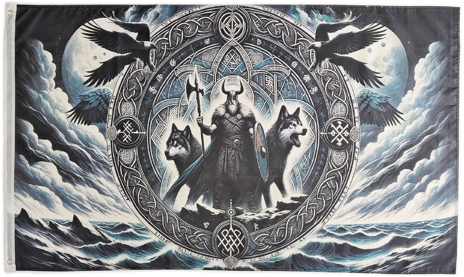 Decoratieve Hofflag, motief: Scandinavische Viking-runen met twee wolven, welkomstvlag voor binnenplaats, gazon, hangende decoratie, 90 x 150 cm