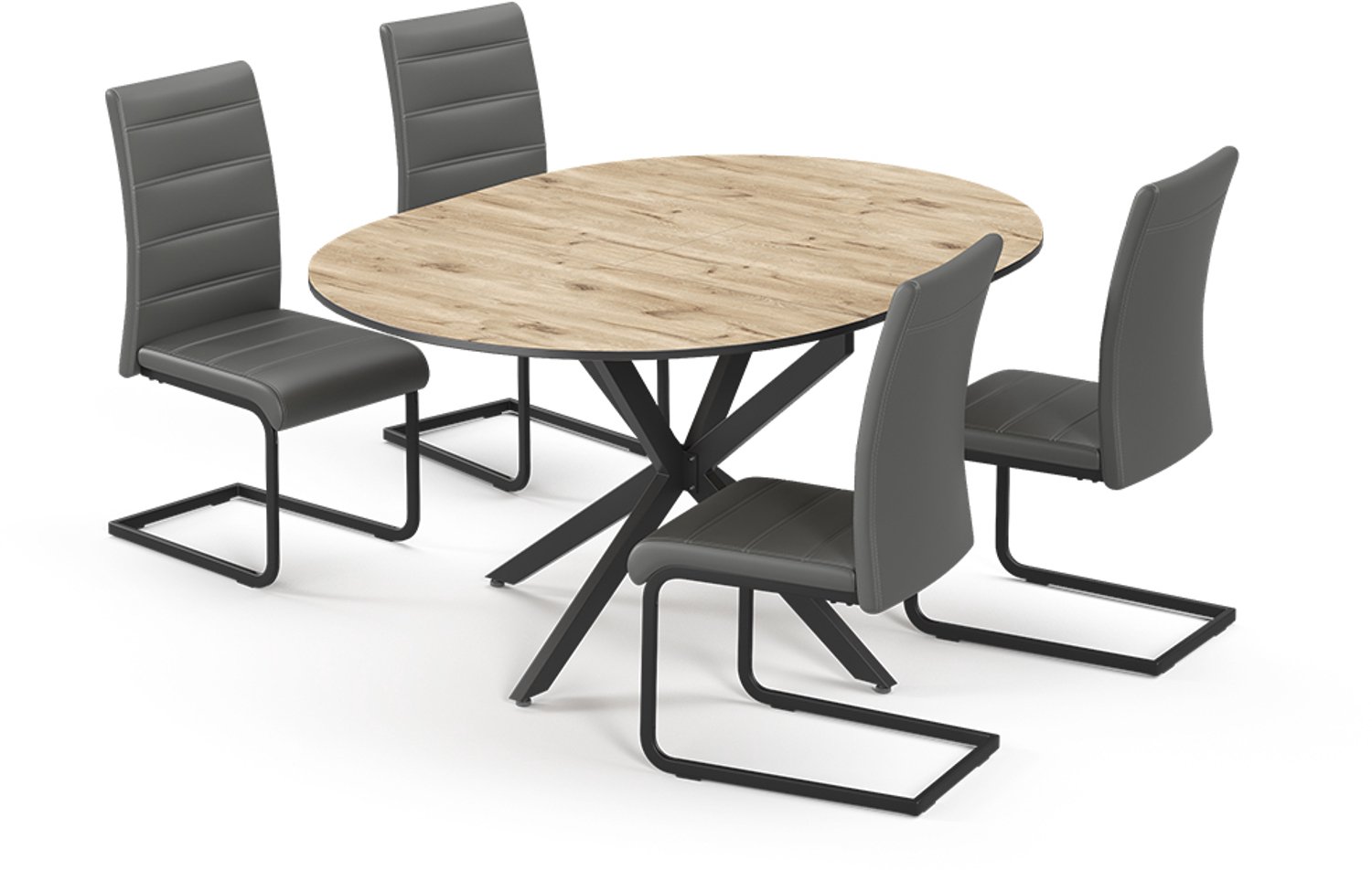 Vicco Eettafel set Loyd, Eiken rustiek/Zwart, 120 x 120 cm met 4 eetkamerstoelen, grijs