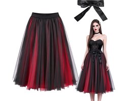 Zwart/rood, tulle rok met band, meerlaagse tutu rok, elastische taille, halloween rok, midi rok, petticoat kostuumrok, maat: one size