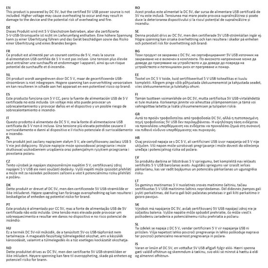 Texte indiquant que le produit est 5V DC et ne doit pas être connecté en série.