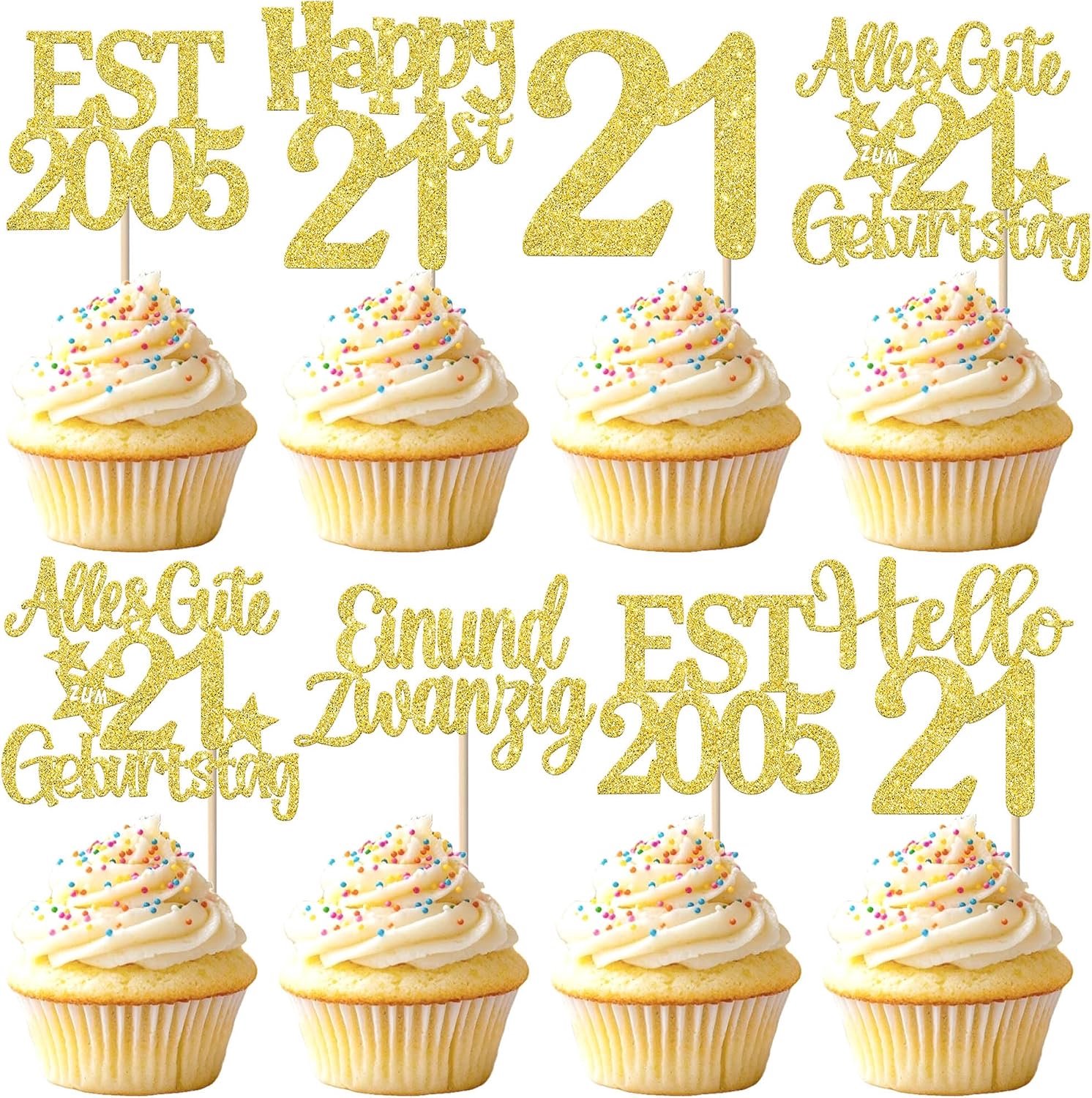 24 Stuks 21e Verjaardag Taartdecoratie Glitters 21e Verjaardag Cupcake Toppers 21 Jaar Jubileum Taartdecoratie