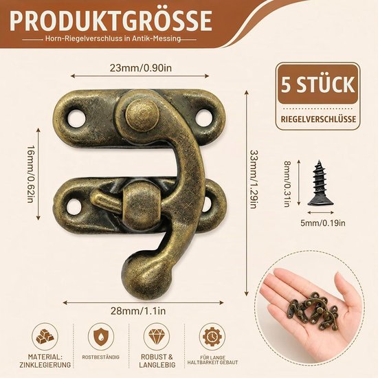 5x Antiek kistenbeslag brons, decoratief sluiting voor dozen — afbeelding 2