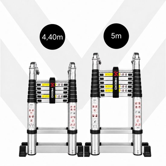 Mexxo Telescopische Vouwladder 2,5 x 2,5 meter - 5,5m hoogte - incl. stabilisatiebalk - Telescoopladder aluminium
