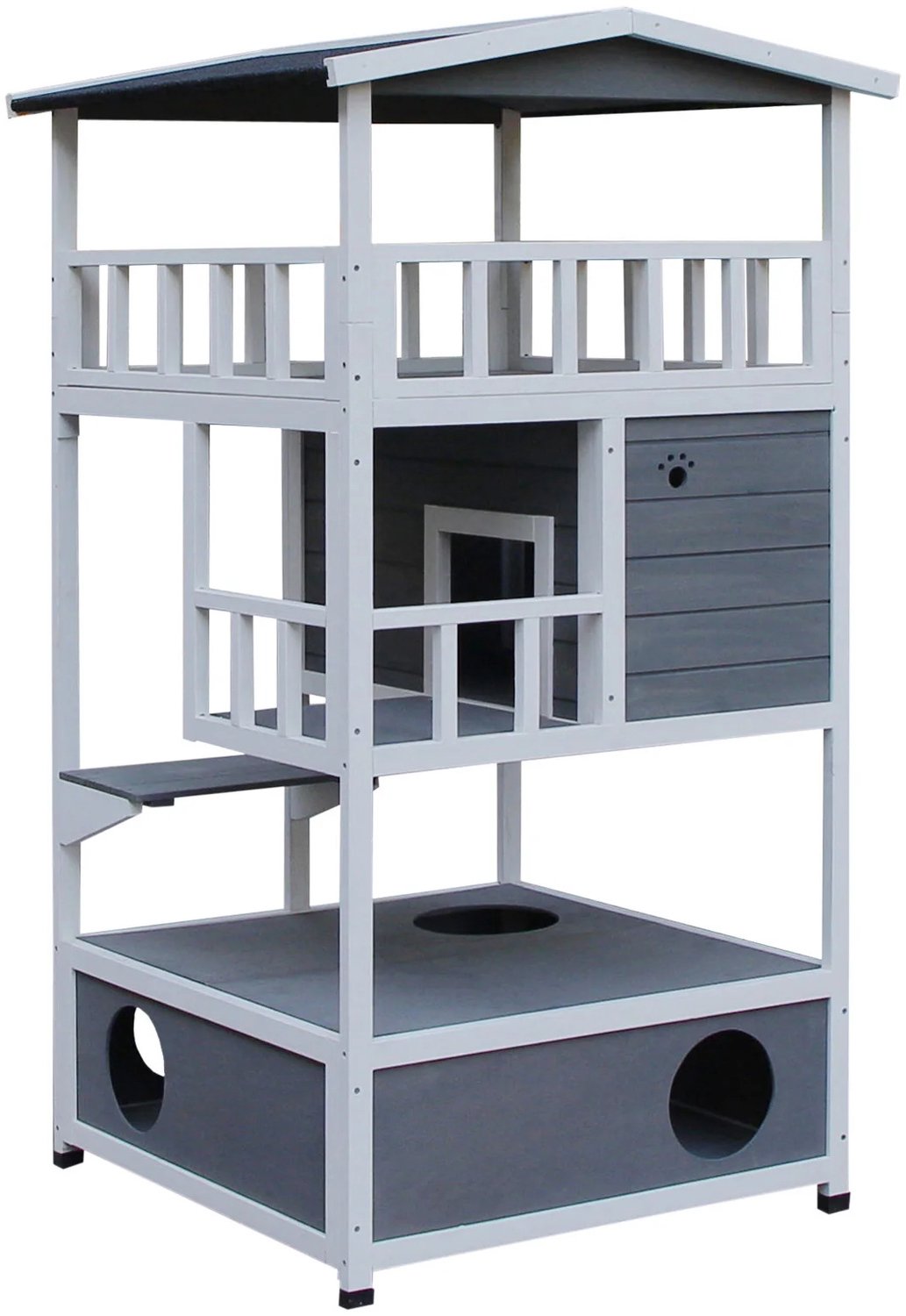 Gudalio Kattenhuis - voor Buiten - Meerdere Verdiepingen - Weersbestendig - met Balkon - 75,5 x 75 x 137 cm - XL - Hout - Wit/Grijs