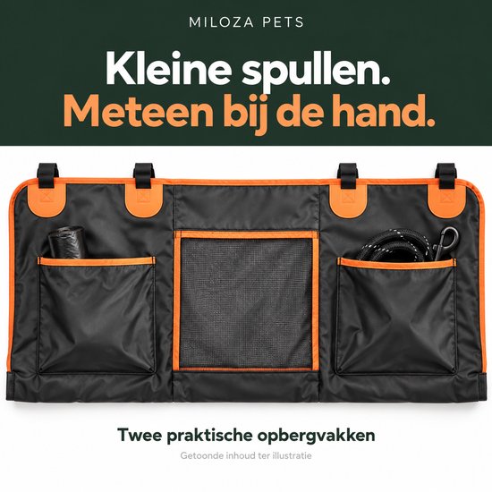 Miloza Pets Hondendeken Auto – Achterbankverlenger met Harde Bodem – Gaasvenster en Opbergvakken – Inclusief Draagtas en Hondenautoriem – Zwart/Oranje — afbeelding 4