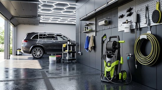 Hogedrukreiniger 180 Bar - Elektrische Reiniger met 7m Slang, Slanghaspel & Schuimreservoir - Inclusief Vuilfrees & 6-in-1 Mondstuk - Voor Terras, Auto & Tuin - Laura Homestore - Groen — afbeelding 4