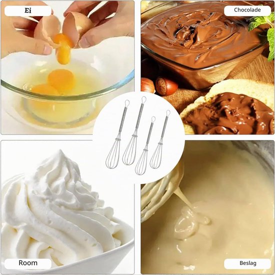 Een set van 4 mini roestvrijstalen keukeneiermixers, handmixer, gebruikt voor eieren, sauzen en deegproductie (zilver), 2 grote en 2 kleine — afbeelding 4