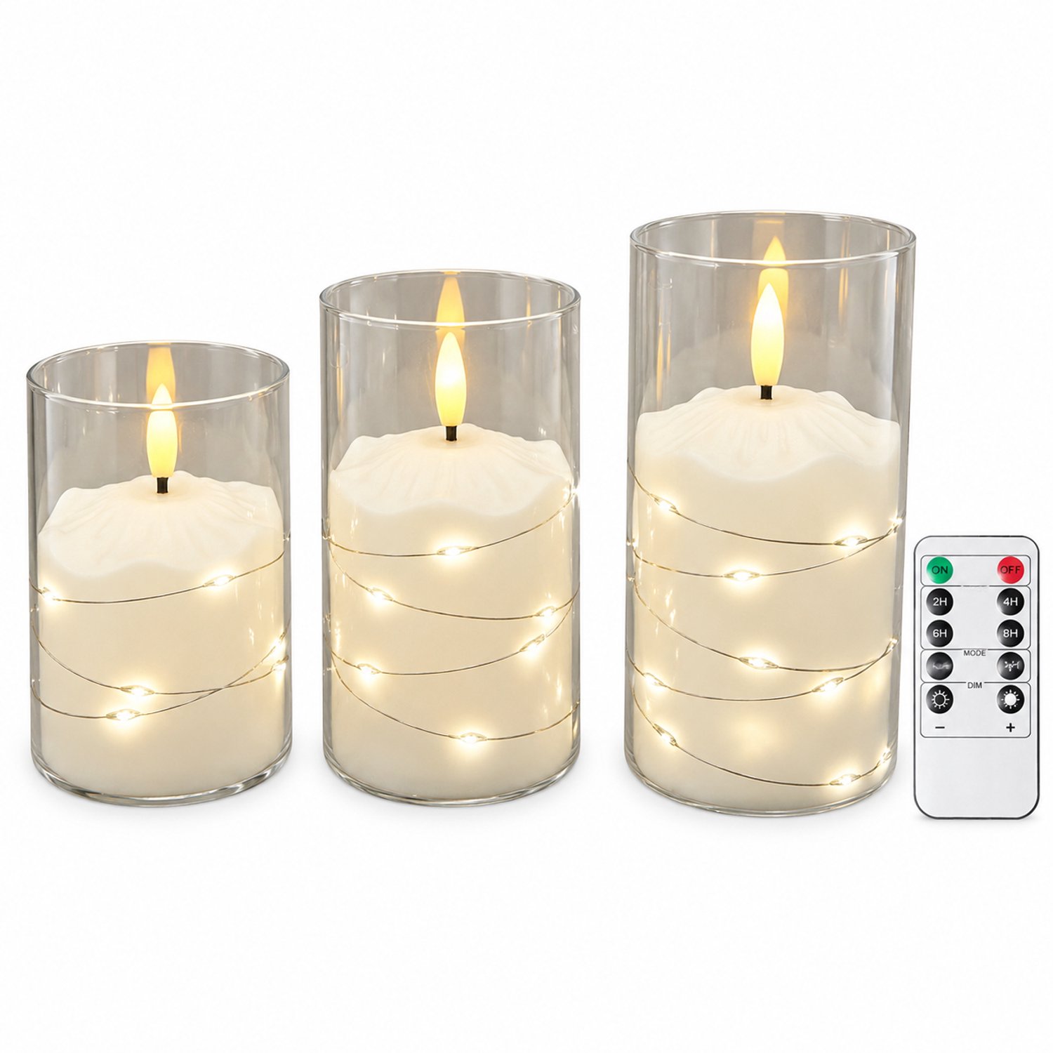 led kaarsen, set van 3 met afstandsbediening, warm vlamvormig licht en transparante kunststof omhulsels met lichtdraad, in bedrukte doos