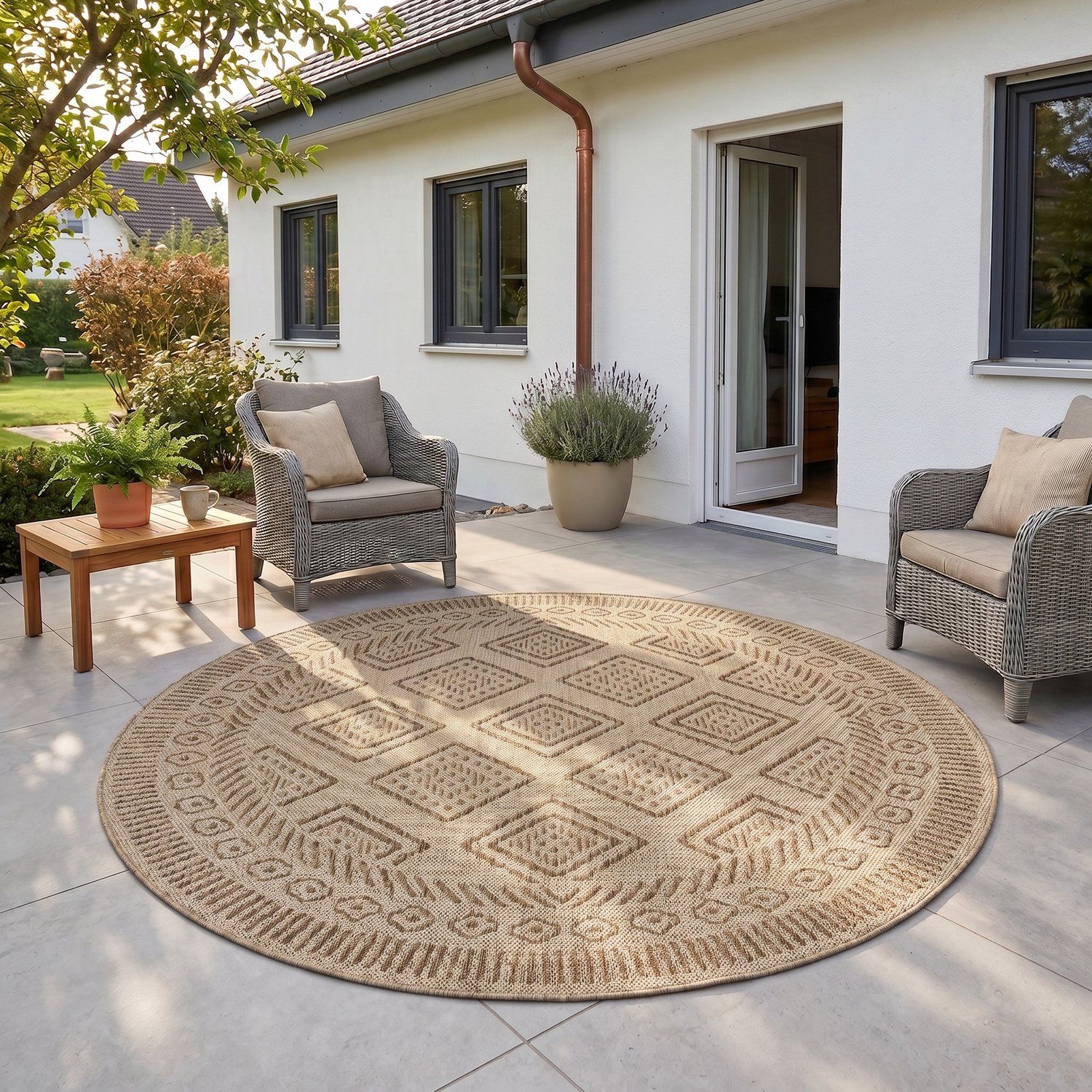 Ayyildiz Mira – Binnen- en buitenkleed – Beige – Etnisch – Ø 80 cm rond