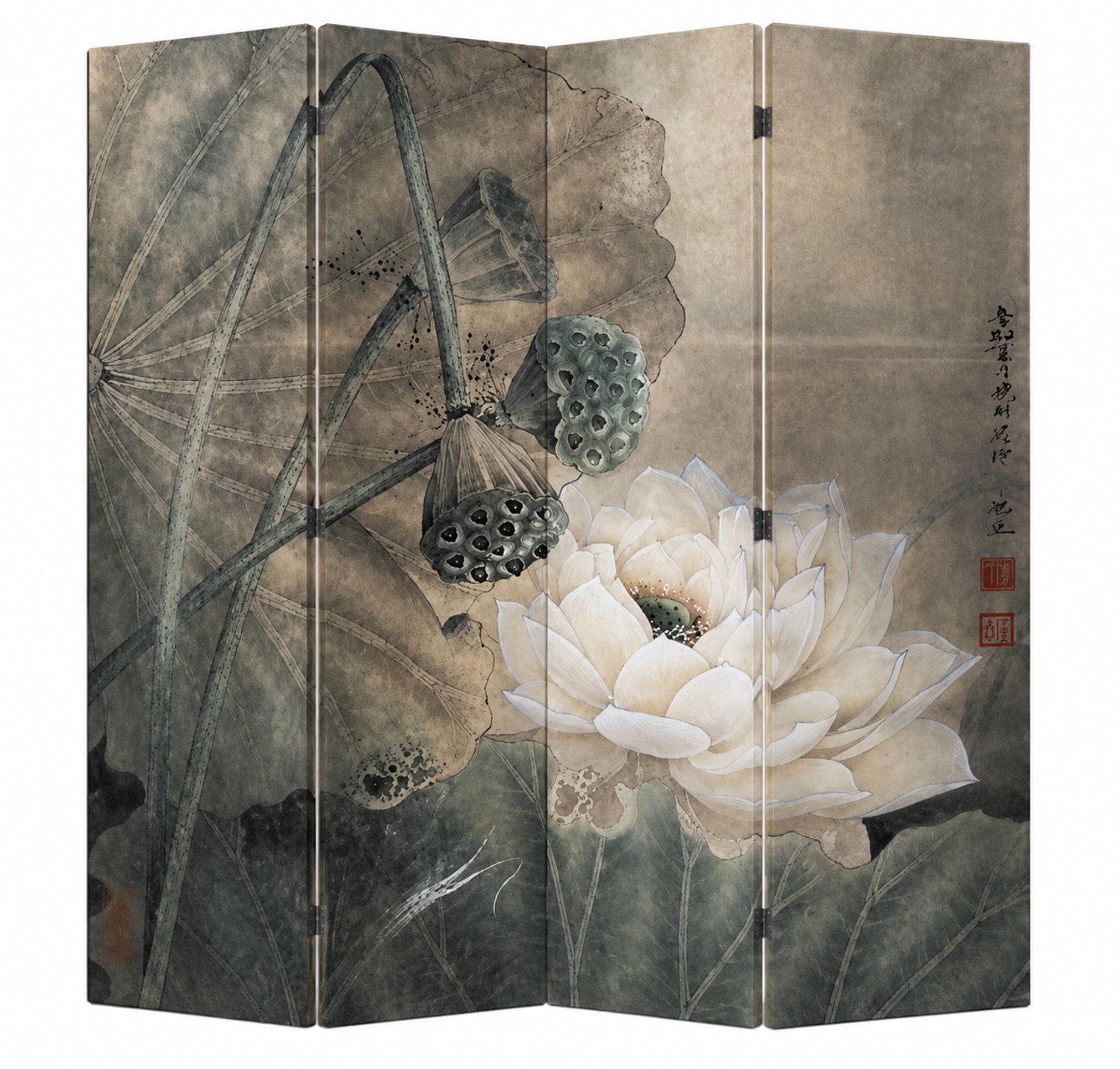 Fine Asianliving Chinees Kamerscherm B160xH180cm 4 Panelen Lotuspond Vintage multi