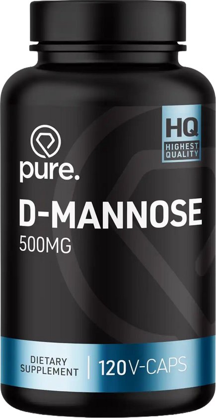 Zwarte pot pure. D-Mannose 500mg supplement, 120 V-caps met blauwe details.