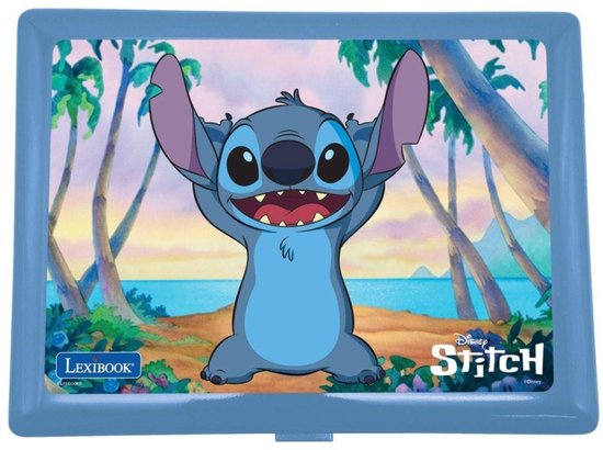 Lichtblauwe Lexibook Stitch-laptop met een afbeelding van Stitch op het scherm en het Lexibook-logo.