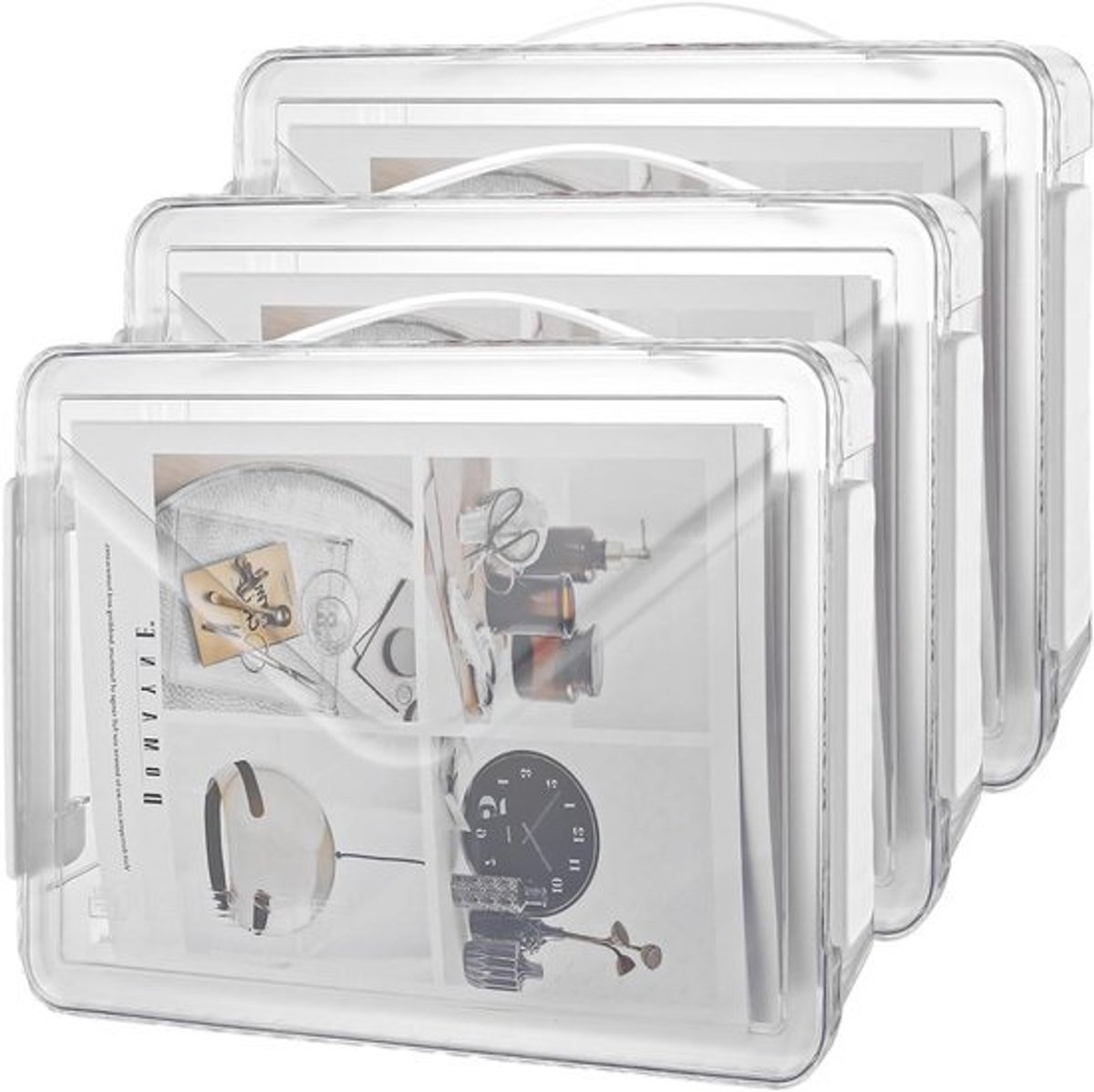 Transparante opbergdozen met deksel en handgreep - Set van 3