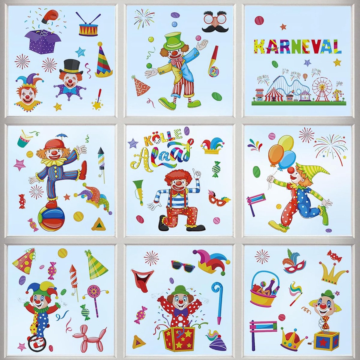 Vensterafbeeldingen voor carnaval, 9 vellen, zelfklevende clownraamstickers, raamdecoratie, carnaval, raamstickers, verjaardagsfeestje, clowndecoratie, raamstickers voor feest, circus, decoratie
