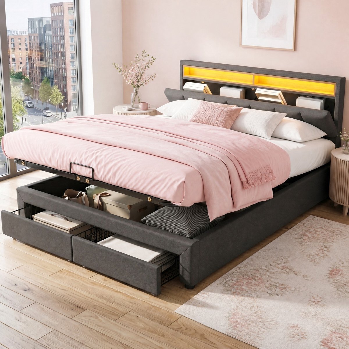 REDOM Bedframe - LED-verlichting - Opbergruimte met lades - Lattenbodem - Stof en MDF - Donkergrijs - 210 x 182 x 101 cm - Voor matras 180 x 200 cm