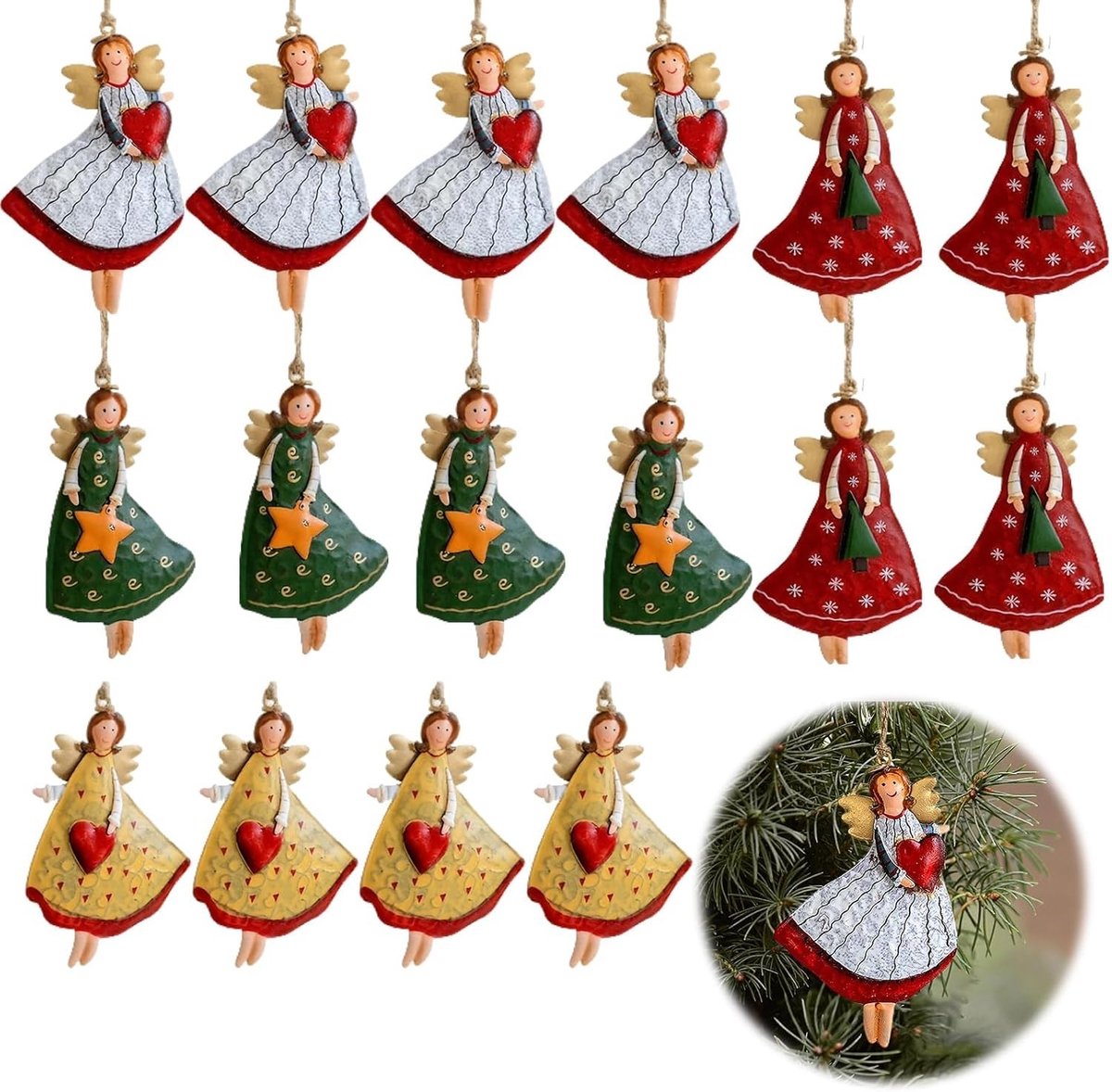 Set van 16 Houten Kerst Engel Hangers, 8 x 5 cm, Kerstboomdecoratie, Feestdecoratie, Raamdecoratie, Kerstversiering