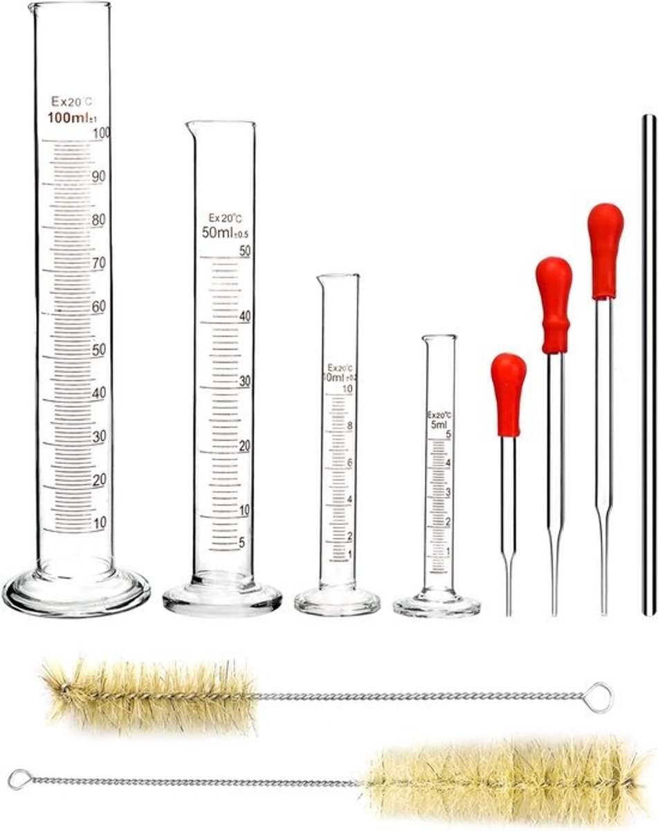 plus - Glazen maatcilinderset - 5 ml, 10 ml, 50 ml en 100 ml - Met pipetten en reageerbuisborstel - Voor chemie-experimenten