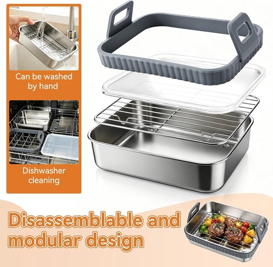 Ovenschaal voor airfryer met afneembare siliconen handgrepen, roestvrijstalen airfryer-accessoires voor AF400EU/AF500EU/DZ400EU, vaatwasmachinebestendige heteluchtfriteuse, ovenschaal voor Ninja — afbeelding 3