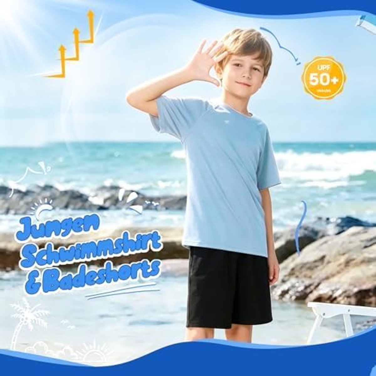 Shirt en zwembroek Set jongens,UPF 50+ shirt & 2-in-1 zwemshort met binnenbroek kinderen,voor 5-14 jaar