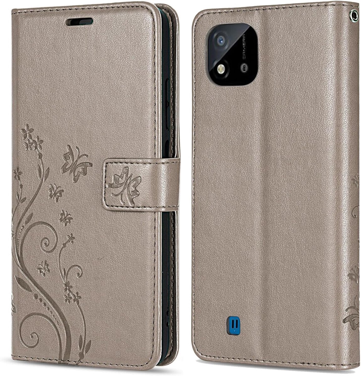 Betterfon Hoes voor mobiele telefoon voor Realme C11 (2021) Hoes, Klaphoes Realme C11 (2021) - Flipcase Beschermhoes Telefoonhoes [Kaartsleuven] [Magneetsluiting] [Standfunctie] Bloemen, Grijs
