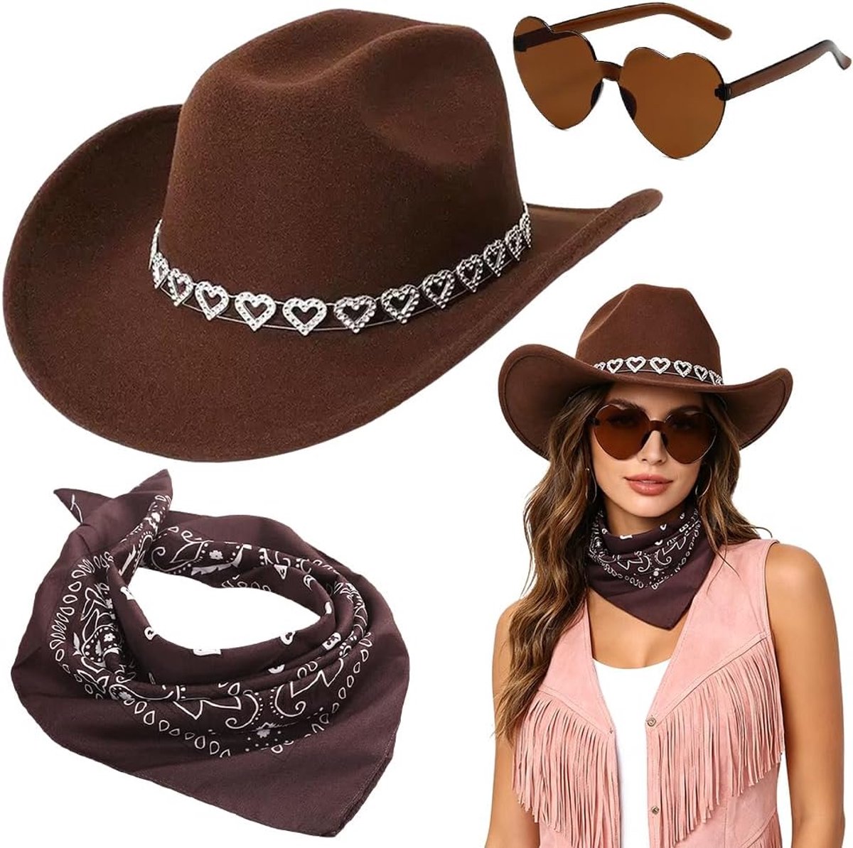 Hoeden Rodeo cowgirlhoeden Fancy dress party Cowboyhoed met brede rand Vilten cowgirlhoed met bril en vierkante sjaal Kostuumaccessoires voor themafeest