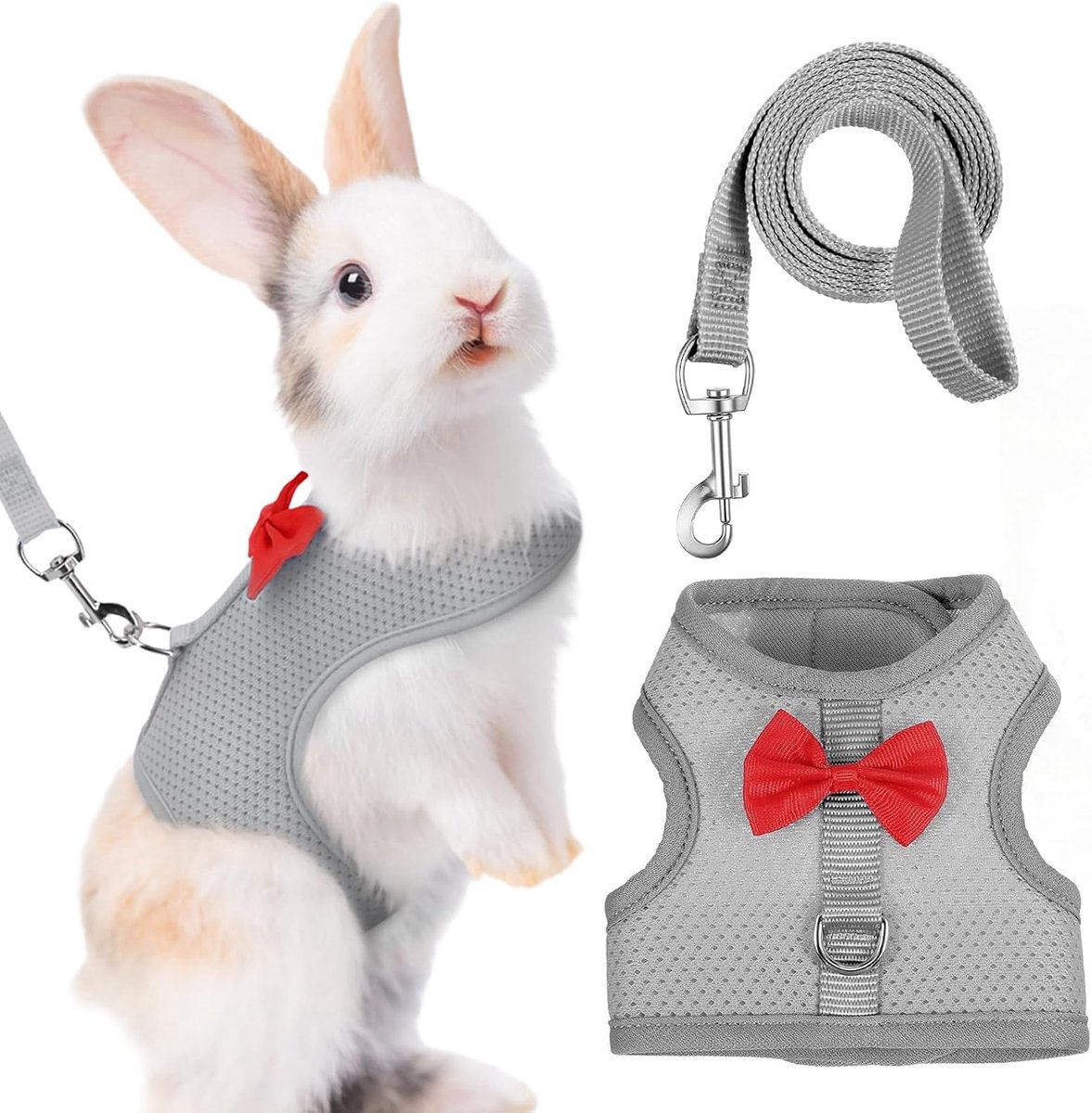 Konijnenharnas met verstelbare riem, zacht en ademend vest voor kleine huisdieren, lekvrij ontwerp voor wandelingen in de open lucht, accessoires voor konijnen, cavia's en fretten, maat M, grijs