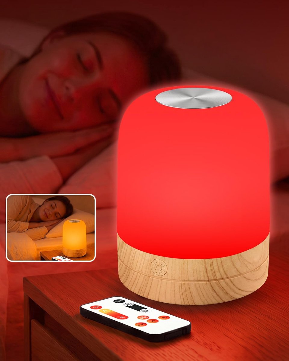 Oplaadbaar slaaplicht 670nm Rood & 1700K Amber bedlampje, blauwlicht filterend, dimbaar met afstandsbediening, timer en geheugenfunctie