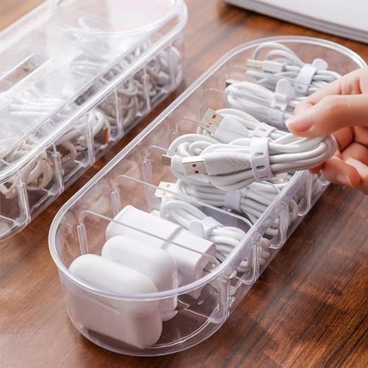 Kabelopslagdoos voor Snoerenorganisatie - Transparante Container met Deksel voor Bureautafel en Kantoor, Ideaal voor Bedradingbeheer en Reizen