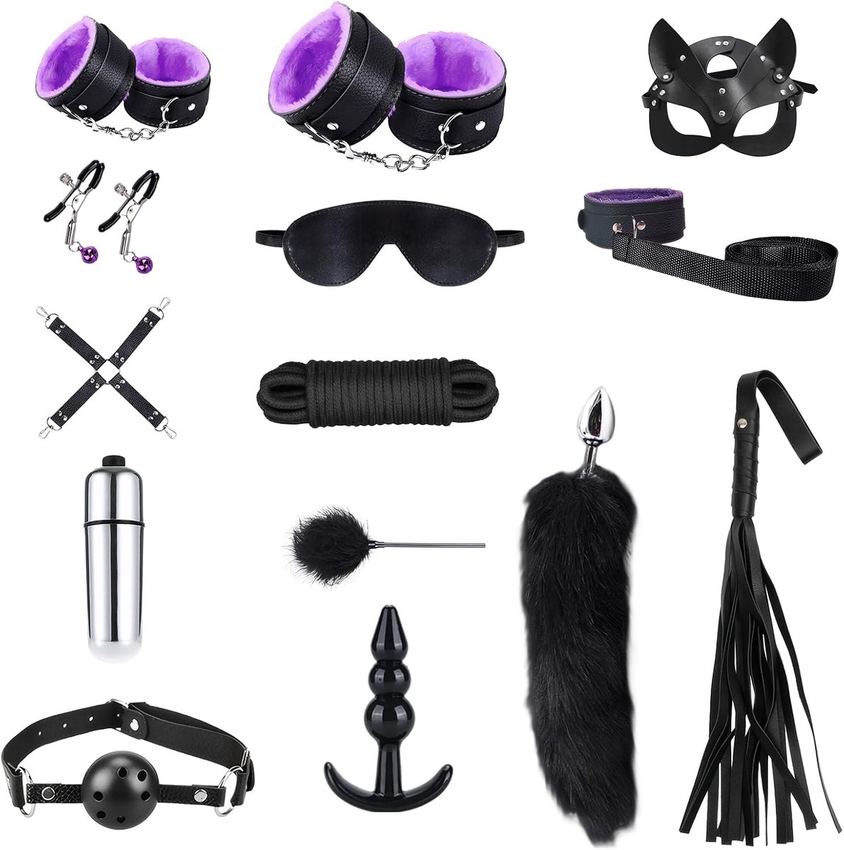 Bondage Set 15pcs Fox Head Fixation Set and Passion Beginner Bondage Set with Anal Plug Set Handcuffs Bondage Belt Set - ShopVlot