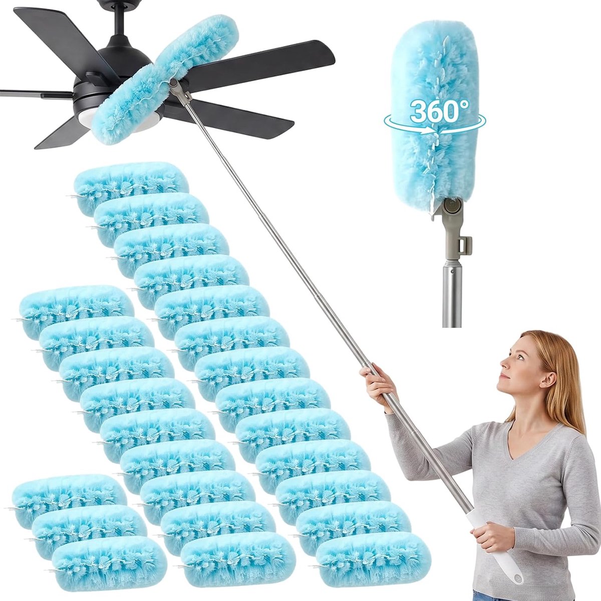 Stofzuiger, telescoop, wasbaar, 210 cm, telescoopstang met 25 doeken, 360° compatibel met Swiffer stofmagneet & - ShopVlot
