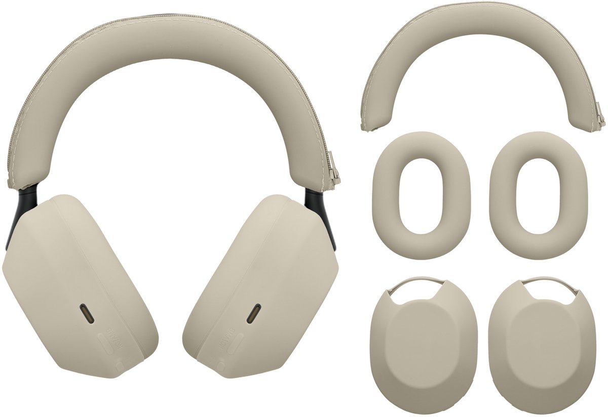 kwmobile 3-in-1 Hoofdtelefooretui voor Over-Ear Headphones voor Sony WH-1000XM5 Hoes - 360° siliconen beschermhoes voor oorkussens - beige