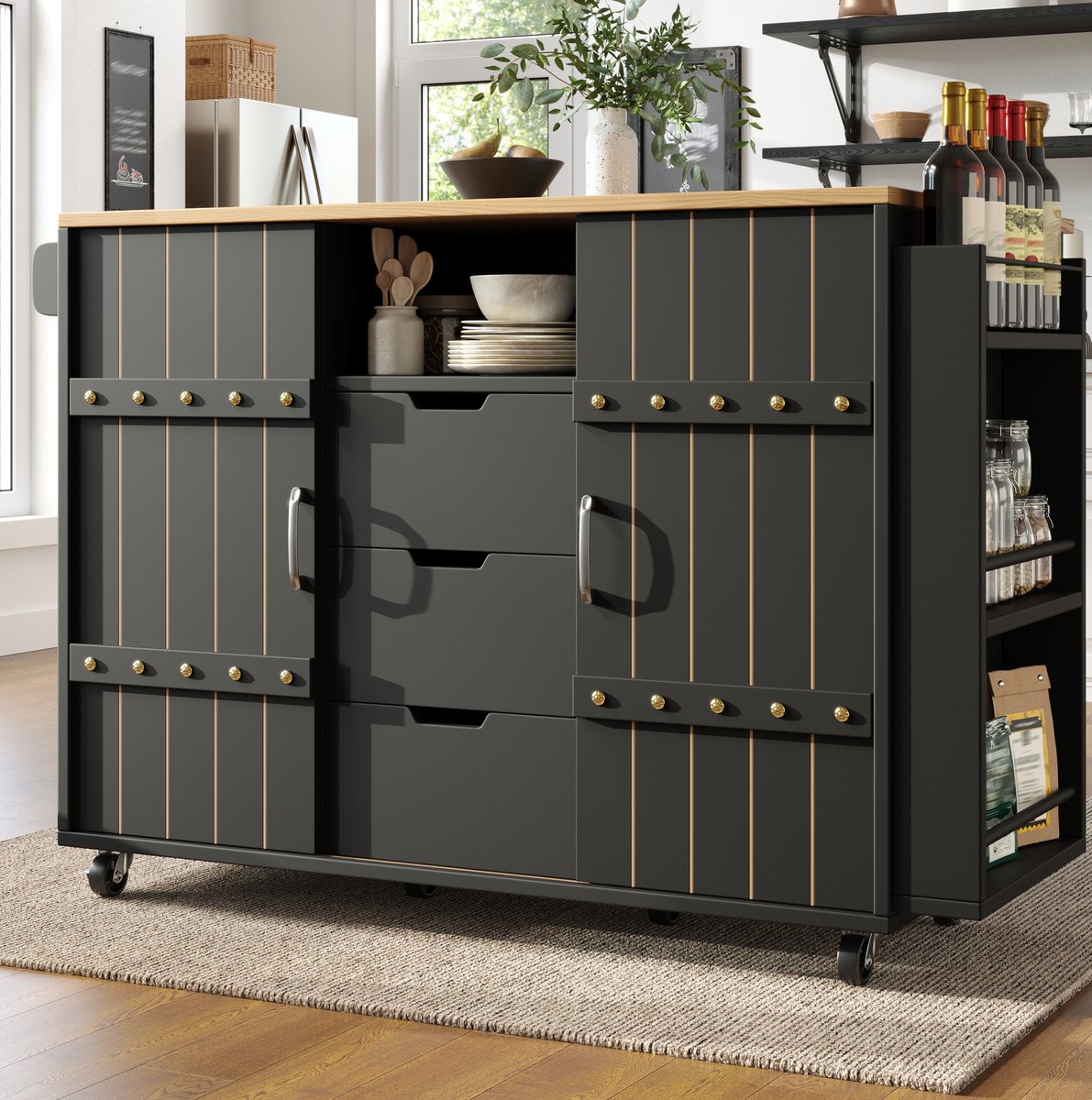 WUVRIE - Keukenwagen 110x42x90 cm - 3 lades, schuifdeuren en uitklapbaar blad - Zwart