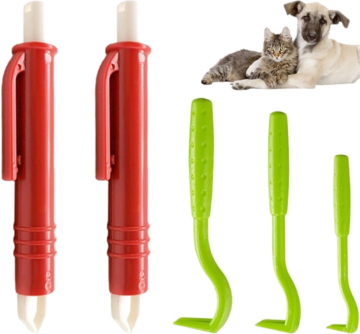 5 Stuks Tekenverwijderaar - 3 Stuks Tekenhaken en 2 Stuks Tekenpincet Set, Pijnloos Verwijderaar voor Honden Katten en Mensen Huisdieren (Rood, Groen)
