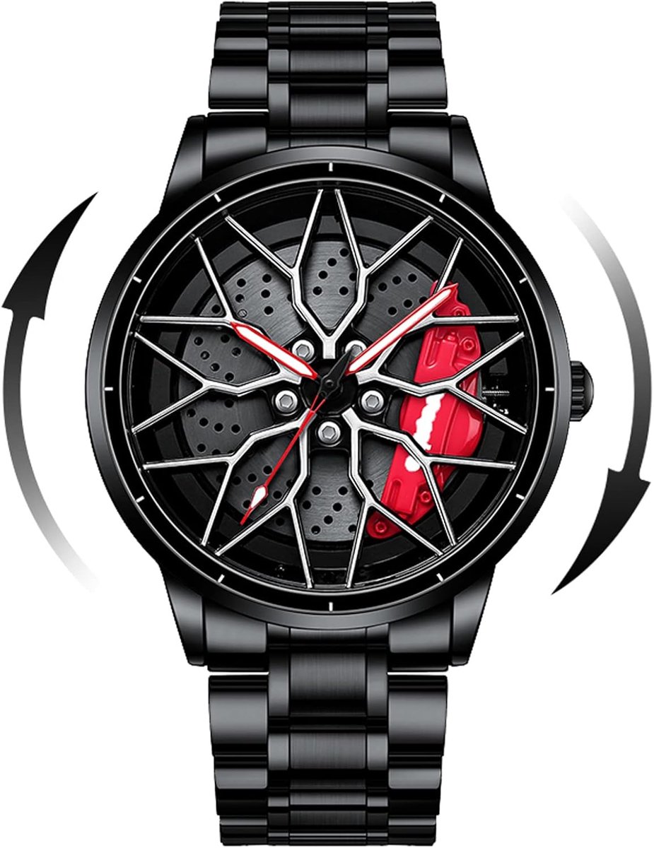 Auto velg horloge waterdicht roestvrij staal kwarts polshorloge mannen sporthorloges met auto velgennaaf design met roterende lichtgevende wijzers LR.., Zwart, LR, Armband