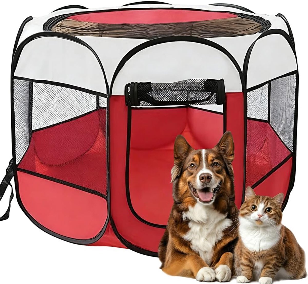 Opvouwbare hondenren voor woning, kattenverblijf, konijnenren binnen, voor hondenbox, katten, hazen en kleine dieren, zowel binnen als buiten (rood, S, effen kleur)