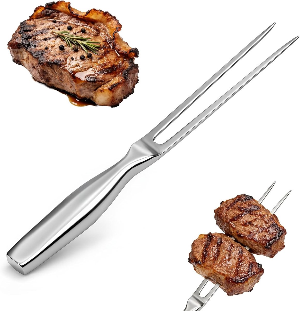 Grillvork van roestvrij staal, 27 cm, ergonomische braadvork voor keuken en BBQ, lange braadvork, vleesvork, klein voor braden, steak en gevogelte